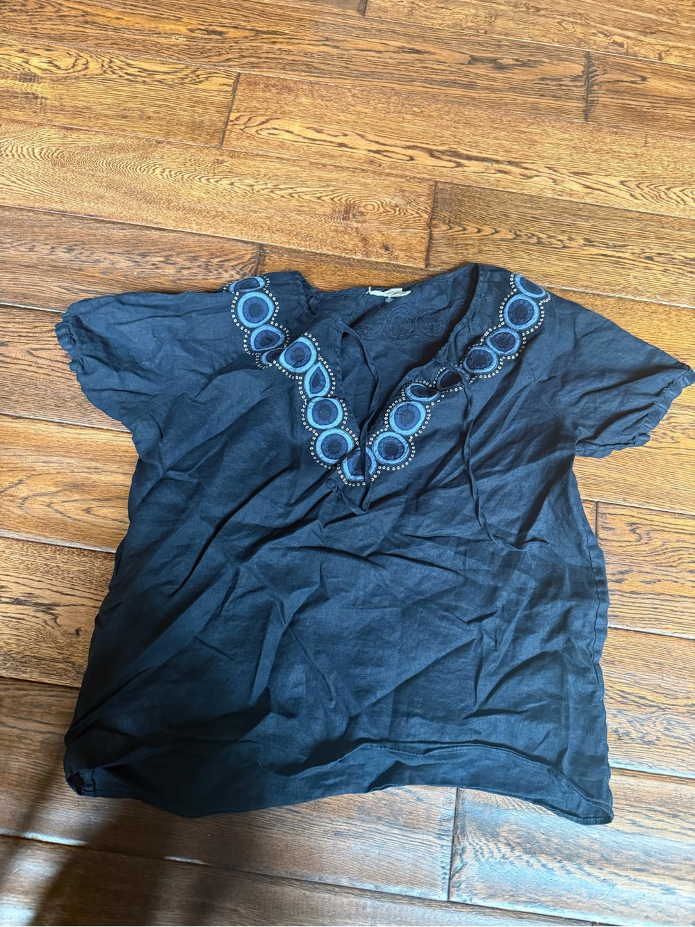 J. Crew Navy Short-Sleeve V-Neck Blouse with Blue Embroidery